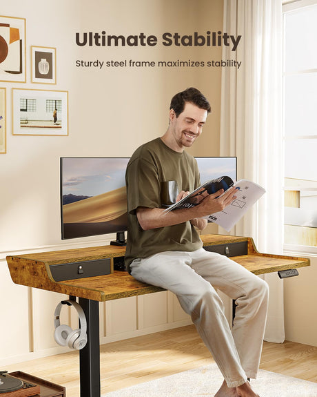 ErGear Electric Standing Desk with Drawers, 48″ x 24″ Gaming Desk with Monitor Stand, C-Clamp Mount Compatible, Home Office Height-Adjustable Desk with Storage Shelf, 4 Preset Heights, Vintage Brown ErGear