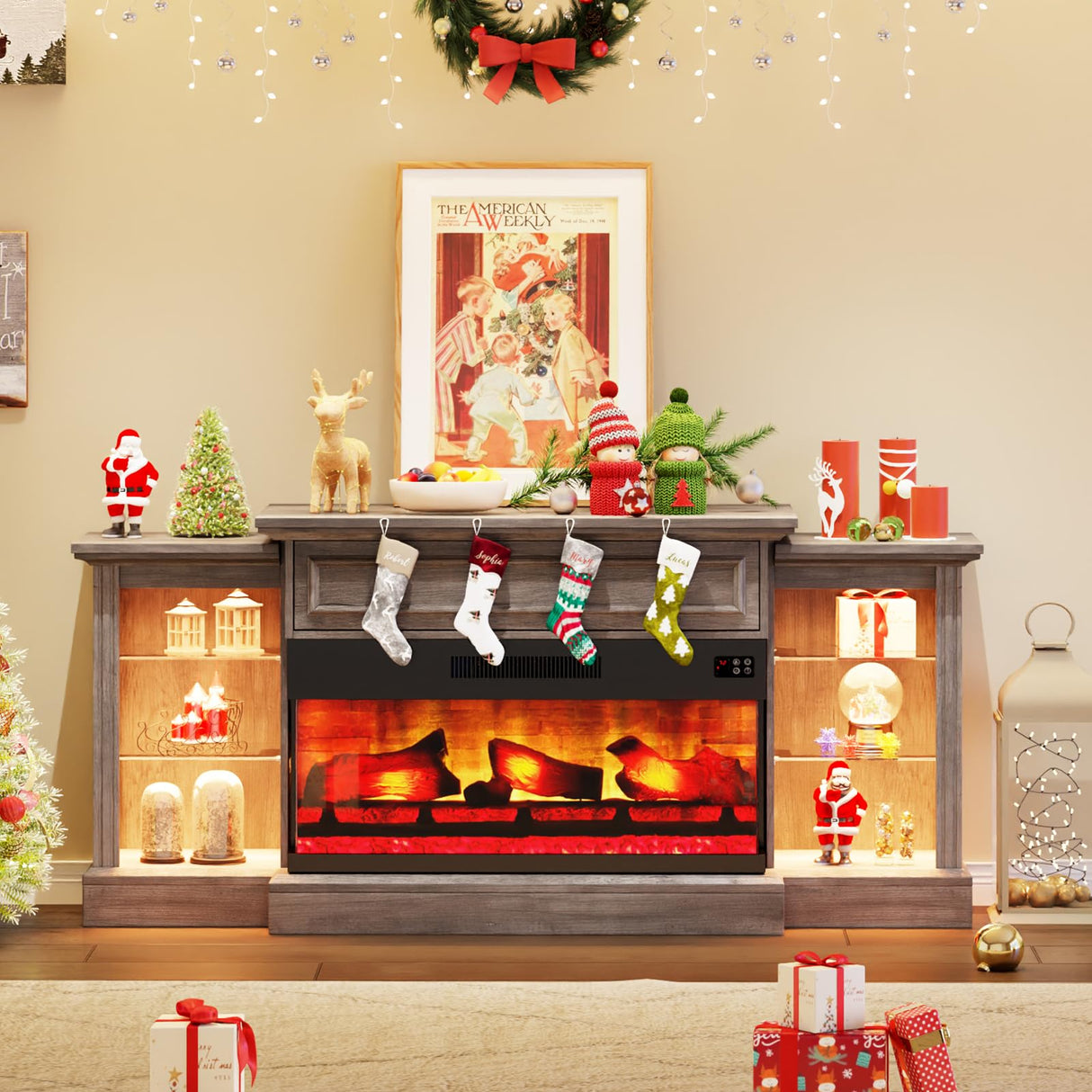 AMERLIFE 70" Electric Fireplace with Mantel, Farmhouse 3-Sided Fireplace TV Stand for TVs up to 75 Inch, Entertainment Center with Adjustable Shelves & LED Light, Rustic Grey AMERLIFE