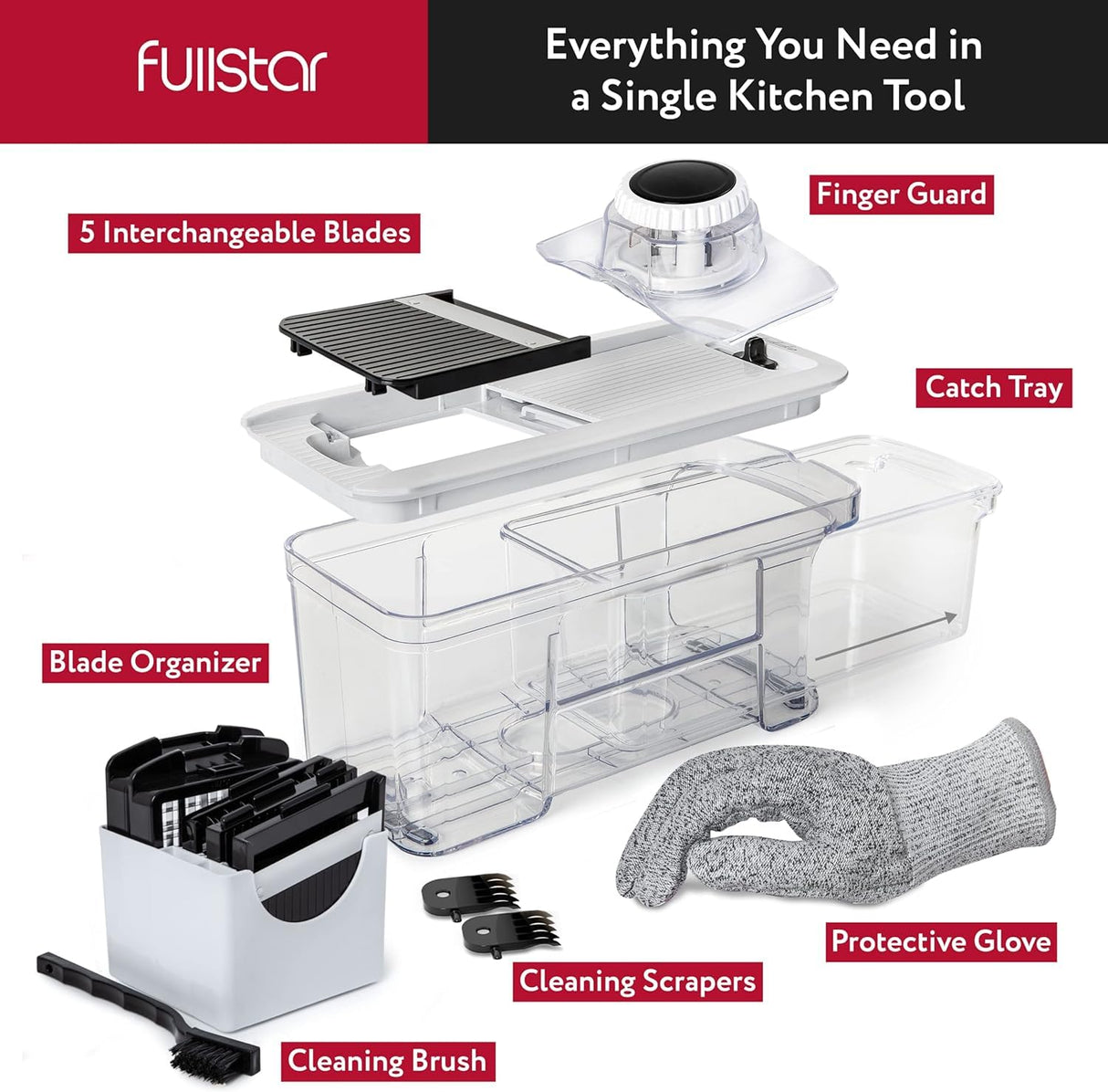 Fullstar All-in-1 Vegetable Chopper, Mandoline Slicer & Cheese Grater - French Fry Cutter & Veggie Dicer - Cheese Slicer - Includes Bonus Handheld Spiralizer (6 in 1, Black/White) fullstar