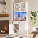 Gizoon 71" H Pantry Cabinet with LED Lights, Tall Farmhouse Kitchen Storage Cabinet with Charging Station, Modern Coffee Bar with Doors and Drawers, for Dining Room, Tabletop-Grey Gizoon