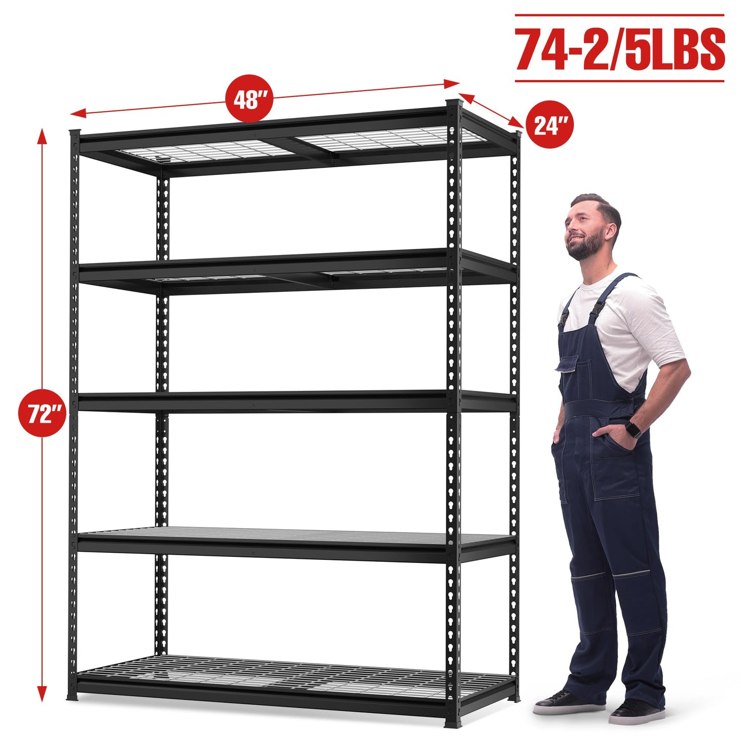 WORKPRO 5-Tier Metal Shelving Unit, 48”W x 24”D x 72”H, Heavy Duty Adjustable Storage Rack, 4000 lbs Load Capacity (Total), for Garage, Basement, Warehouse, 2 Pack