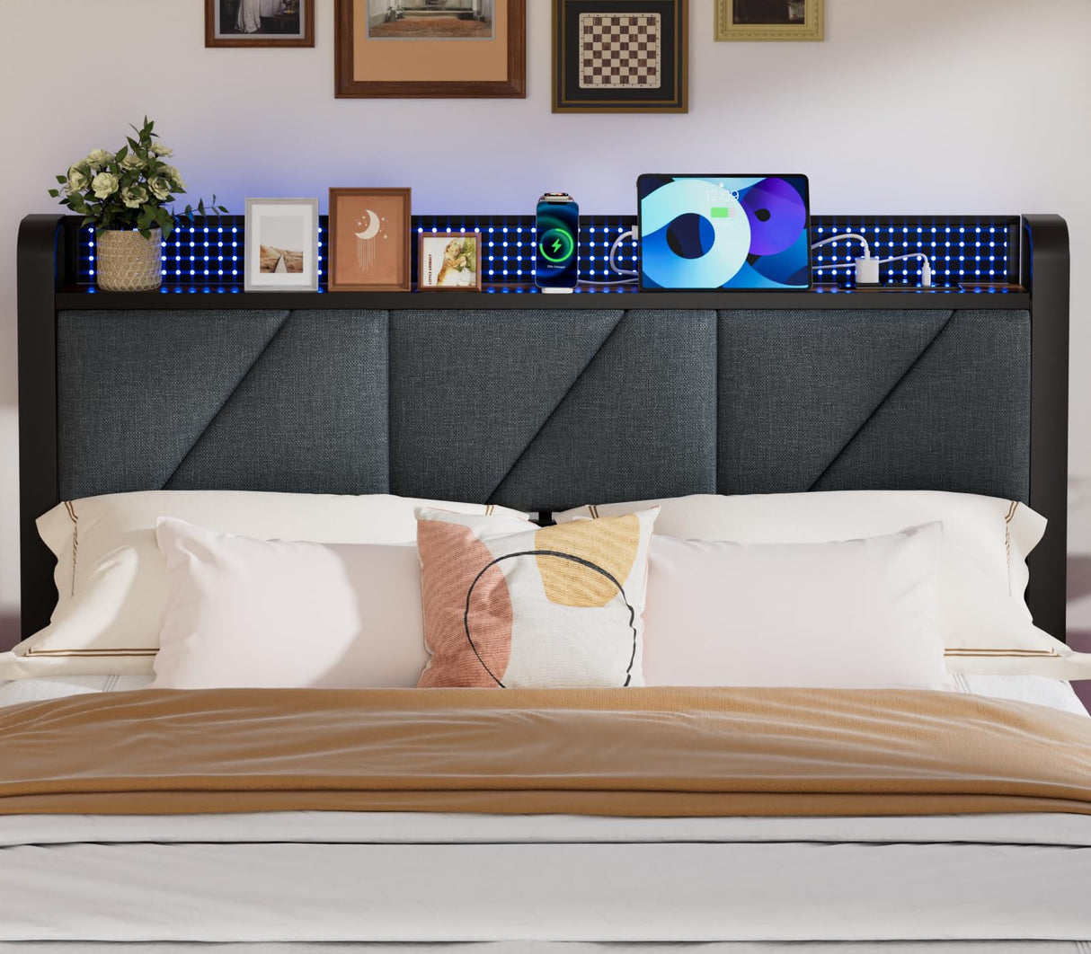 Furnulem Full Bed Frame with LED Lights,Headboard with Charging Station and USB Port,Upholstered Platform Bedframe Metal Support,No Box Spring Needed (Full) Furnulem