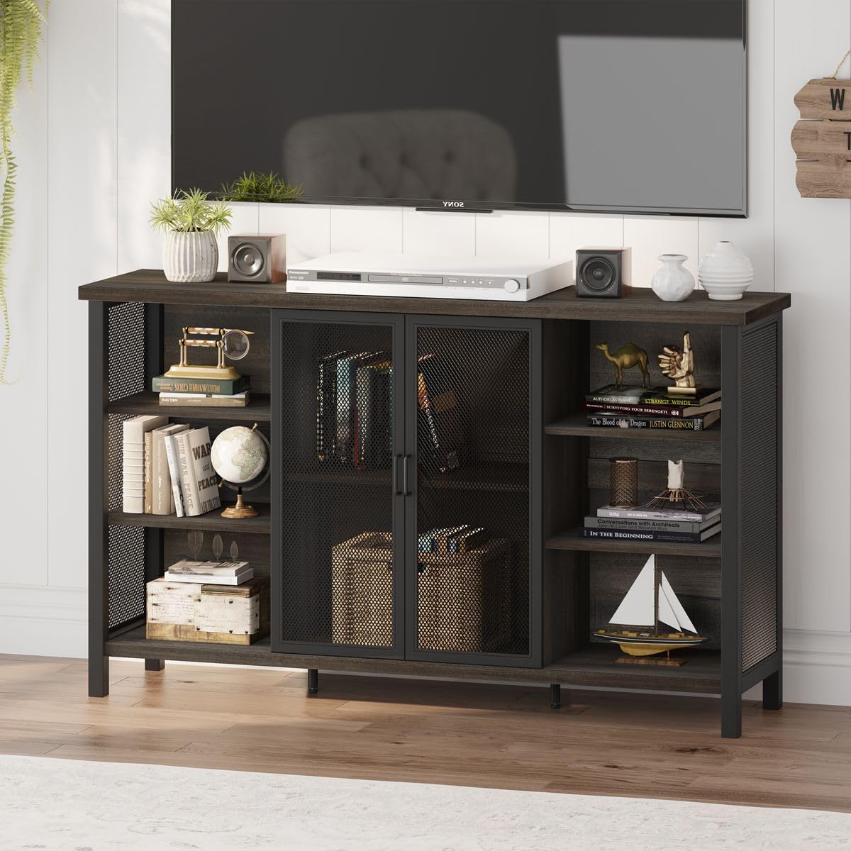 FATORRI Wine Bar Cabinet for Liquor and Glasses, Industrial Coffee Bar Cabinet, Farmhouse Sideboard and Buffet Cabinets with Storage, Wood and Metal Wine Rack (55 Inch, Walnut Brown) FATORRI