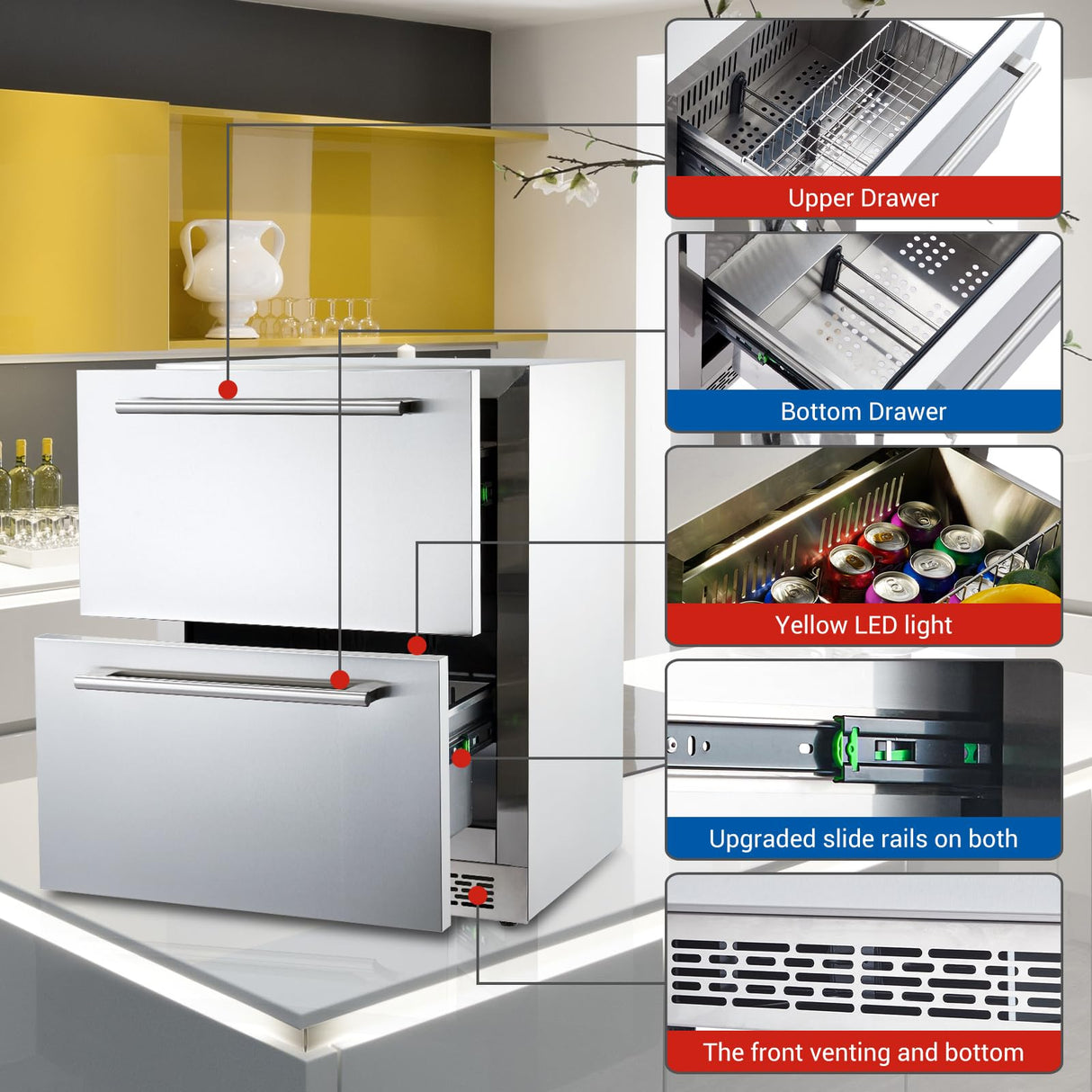 Garvee 24 inch Undercounter Refrigerator, 5.12 Cu.Ft Outdoor Fridge for Patio, Wine and Beverage Refrigerator, Drawer Refrigerator Under Counter Fridge Ideal for Home and Commercial (Silver) Garvee