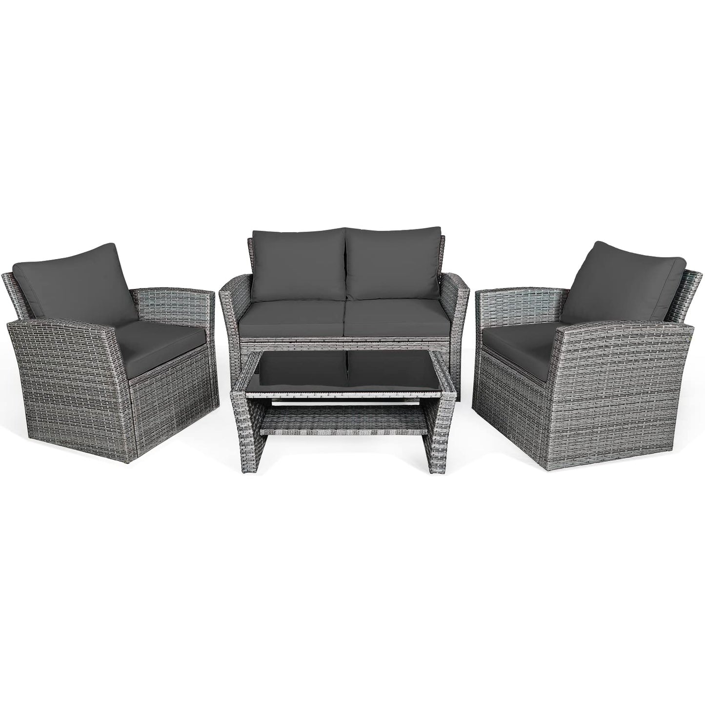 COSTWAY 4 Pieces Patio Rattan Furniture Set, Outdoor Wicker Sofa Set with Tempered Glass Coffee Table, Cushions, All Weather Rattan Conversation Set for Yard Balcony Backyard Pool, Grey - WoodArtSupply