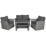 COSTWAY 4 Pieces Patio Rattan Furniture Set, Outdoor Wicker Sofa Set with Tempered Glass Coffee Table, Cushions, All Weather Rattan Conversation Set for Yard Balcony Backyard Pool, Grey COSTWAY