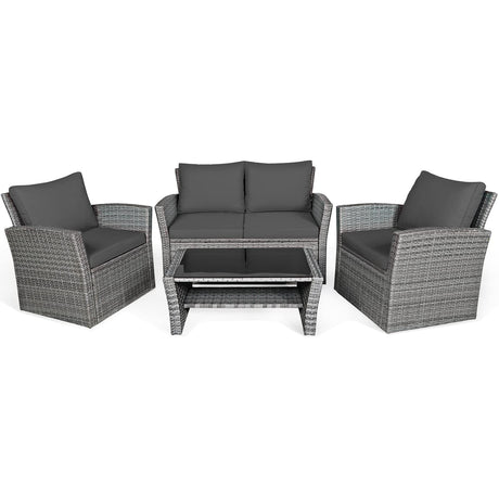 COSTWAY 4 Pieces Patio Rattan Furniture Set, Outdoor Wicker Sofa Set with Tempered Glass Coffee Table, Cushions, All Weather Rattan Conversation Set for Yard Balcony Backyard Pool, Grey COSTWAY