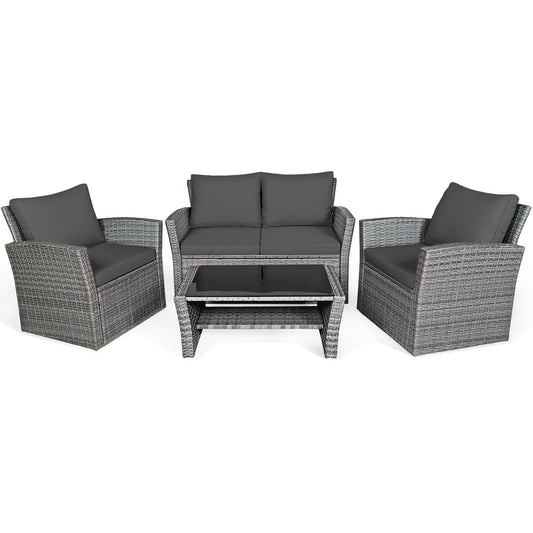 COSTWAY 4 Pieces Patio Rattan Furniture Set, Outdoor Wicker Sofa Set with Tempered Glass Coffee Table, Cushions, All Weather Rattan Conversation Set for Yard Balcony Backyard Pool, Grey