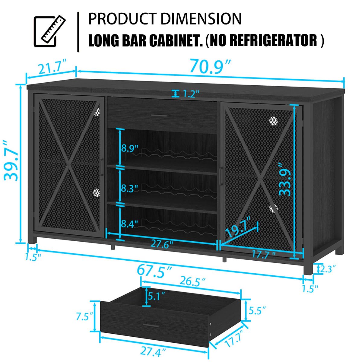 LVB Long Coffee Bar Cabinet with Fridge Space, Modern Wood Metal Large Wine Liquor Cabinet with Rack, Big Wide Sideboard Buffet Cabinet with Drawer Storage for Kitchen Dining Room, Black Oak, 70 Inch LVB