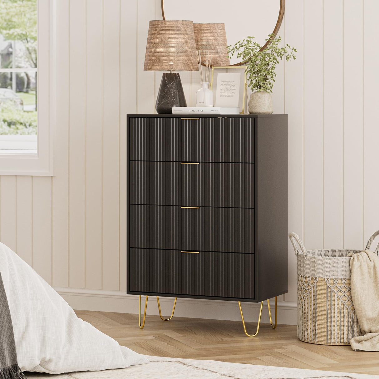 Masupu 4 Drawer Dresser, Drawer Chest, Tall Storage Chest Cabinet Organizer Unit with Metal Legs, Small Dresser for Bedroom, Living Room, Closet, Hallway Black Stripe Masupu
