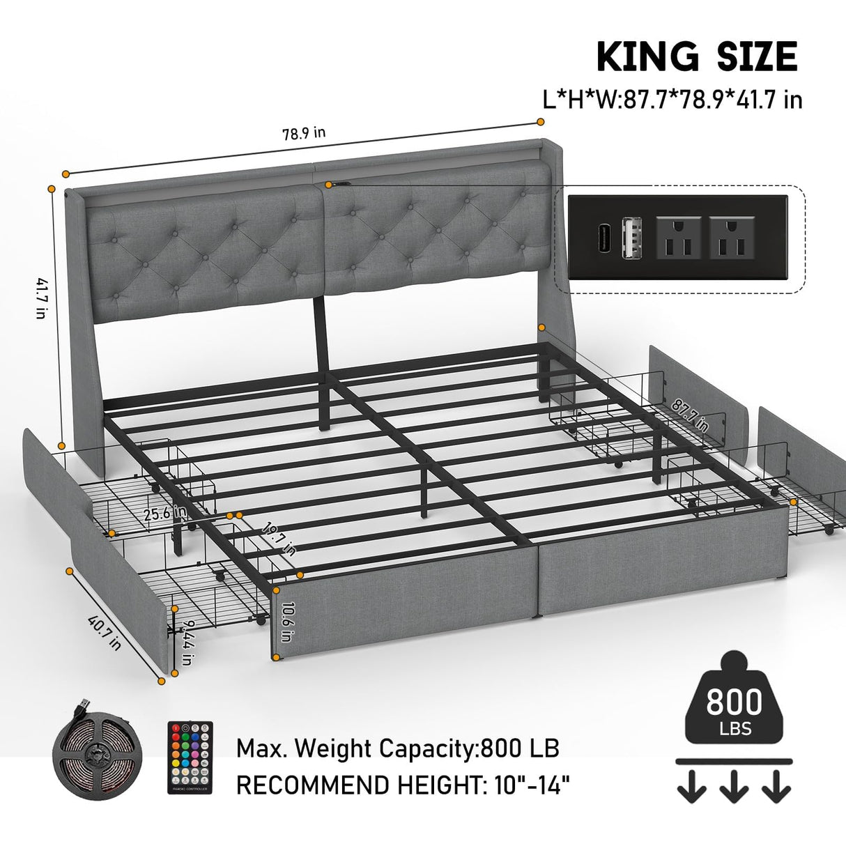 King Size Bed Frame with LED Lights and Charging Station, Upholstered Platform Bed with Storage Headboard and 4 Drawers, Metal Slat Support, Noise-Free, No Box Spring Needed, Easy Assembly, Gray UINTAI