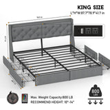 King Size Bed Frame with LED Lights and Charging Station, Upholstered Platform Bed with Storage Headboard and 4 Drawers, Metal Slat Support, Noise-Free, No Box Spring Needed, Easy Assembly, Gray UINTAI