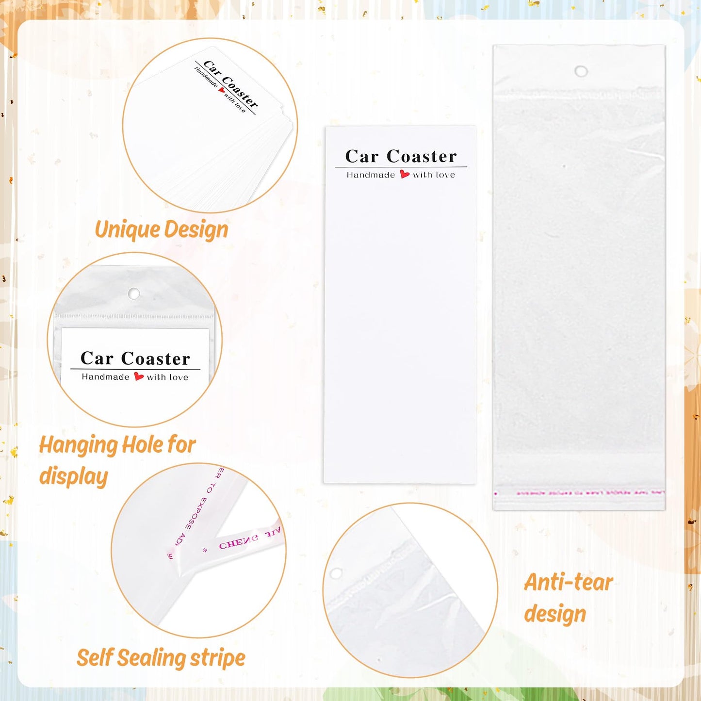 Whaline 120Pcs Car Coaster Packaging for Selling Sublimation Car Coaster Display Cards with Self-Seal Bags Car Coaster Display Bags with White Cards 6.8 x 2.9 Inch Heat Press Machines Accessories