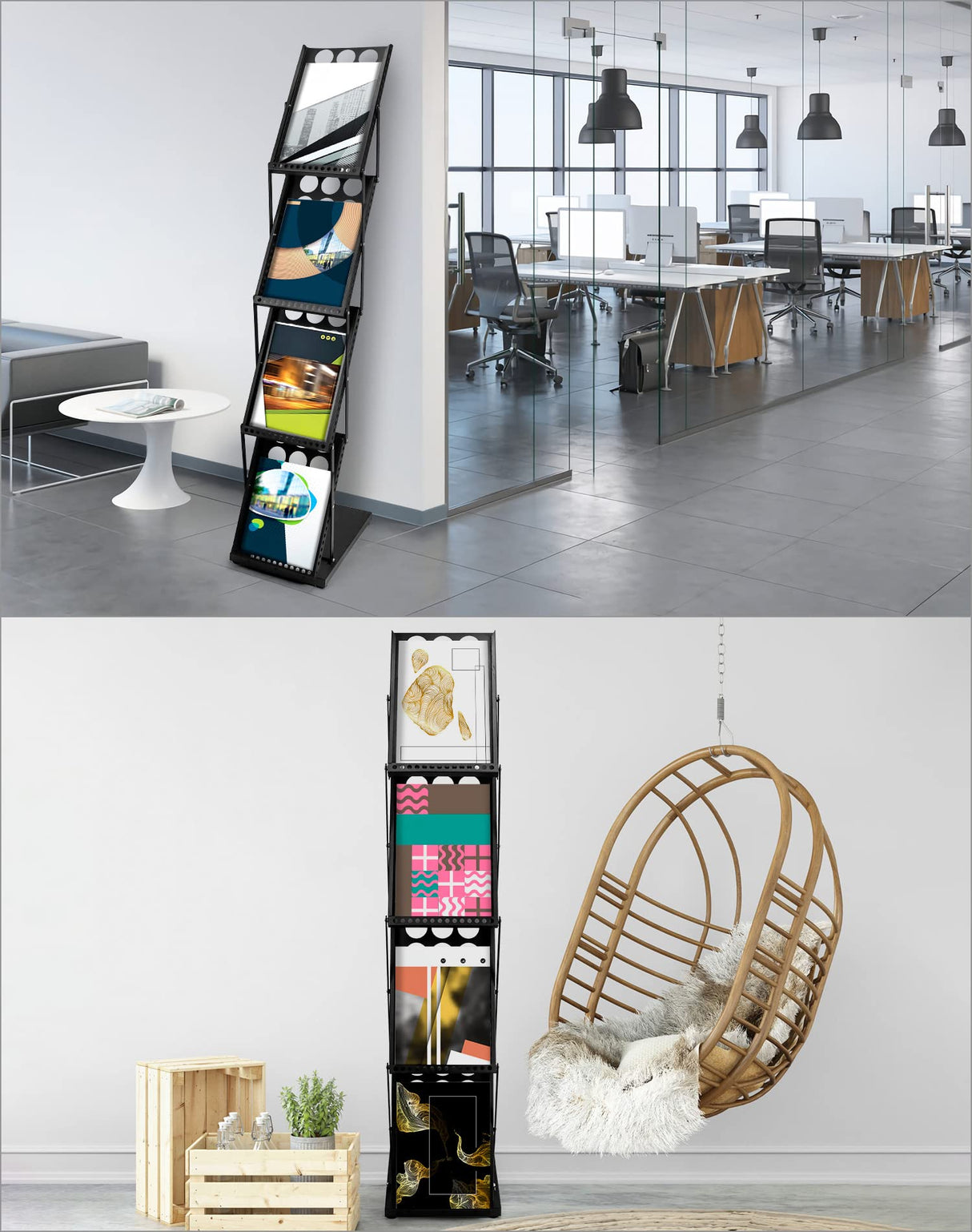 QWORK Magazine Brochure Display Rack Stand, 4 Pocket Foldable Literature Catalog Rack Book Holder Tradeshow Display Stand, for Office Store and Exhibition Trade Show (Black) QWORK