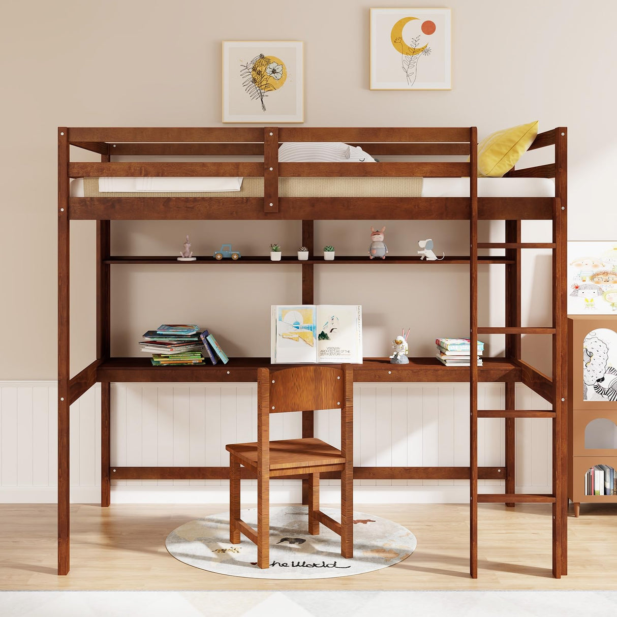 Giantex Walnut Twin Loft Bed with Integrated Desk and Bookshelf for Kids Giantex
