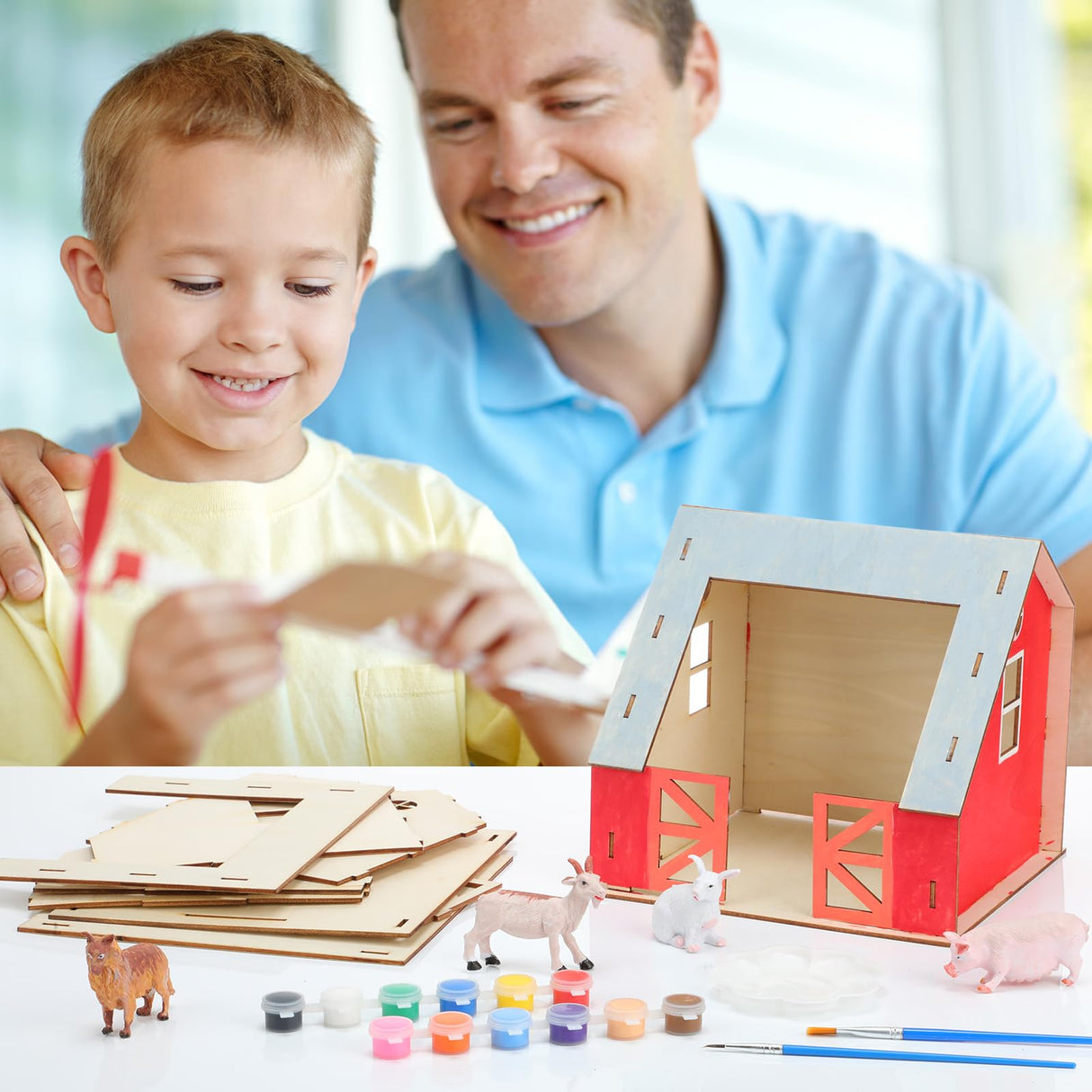 DoubleFill 4 Set DIY Wooden Barn Craft Kits for Kids Party Favors Farm Animals House Toys Large Wooden Barn with Animal Play Figures Horses Stablemates Paint Easter Birthday Gifts for Toddler DoubleFill