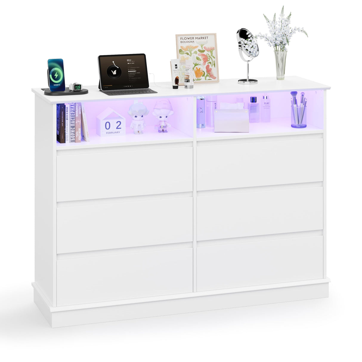 IDEALHOUSE 6 Drawer Dresser for Bedroom with LED Lights & Charging Station, Modern White Dresser with LED for Bedroom, Wide Chest of 6 Drawers with Open Storage Shelf for Living Room, Hallway, Closet IDEALHOUSE