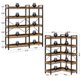 Rolanstar Bookshelf 5 Tier with 4 Hooks, Reversible Corner Bookshelf, 65" Industrial Wooden Bookcase with Open Shelves and Metal Frame for Living Room, Bedroom, Home Office, Rustic Brown Rolanstar