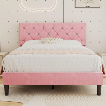 VECELO Queen Size Bed Frame, Upholstered Platform with Adjustable Diamond Tufted Headboard, Wood Slat Support, No Box Spring Needed, Pink