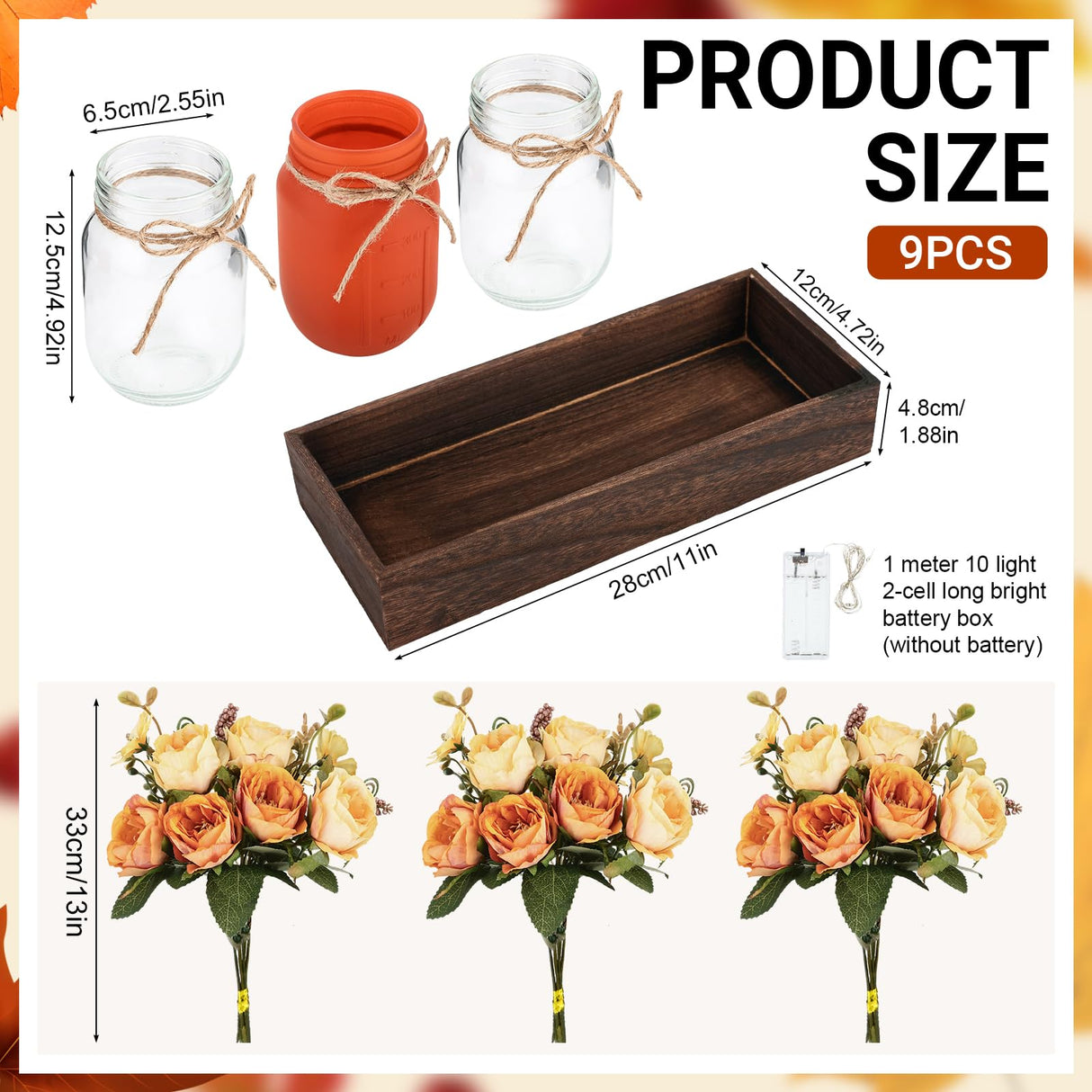 Mason Jar Lights Centerpiece Table Decorations Fall Decor for Home – 3 Jar Flowers with String Lights and Wooden Tray for Dining Room, Farmhouse Autumn Wedding, Kitchen, Living Room, Bathroom VAIPI