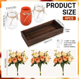 Mason Jar Lights Centerpiece Table Decorations Fall Decor for Home – 3 Jar Flowers with String Lights and Wooden Tray for Dining Room, Farmhouse Autumn Wedding, Kitchen, Living Room, Bathroom VAIPI