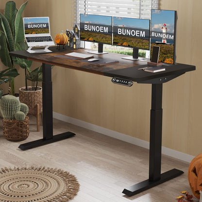 BUNOEM Height Adjustable Electric Standing Desk, 63x30 Height Stand Up Computer Desk,Sit and Stand Home Office Desk with Splice Board (Brown+Black Top, Black Frame) - WoodArtSupply