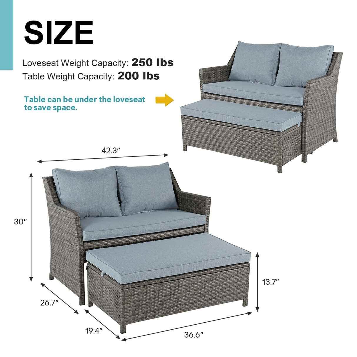 OC Orange-Casual 2-Piece Outdoor Patio Furniture Wicker Love-seat and Coffee Table Set, with Built-in Storage Bin, Grey Rattan, Grey Cushions OC Orange-Casual