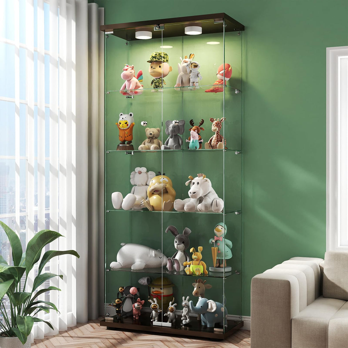 HAMBING Glass Display Cabinet with LED Lights and Lock, 5-Shelf Tempered Glass Curio Cabinet with 2 Doors, Collectible Display Showcase for Living Room, Bedroom – Black HAMBING