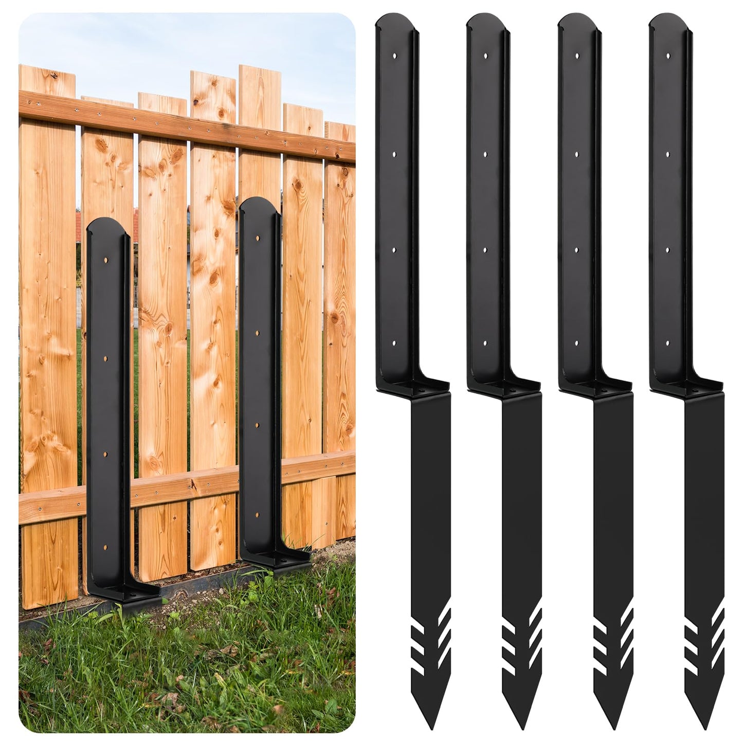 4PCS 2.55Ft Fence Post Repair - Heavy Duty Steel Fence Post Repair Stakes, Wooden Fence Post Repair Kit Fence Mender Anchor Ground Spike for Repairing Tilted Fence - WoodArtSupply