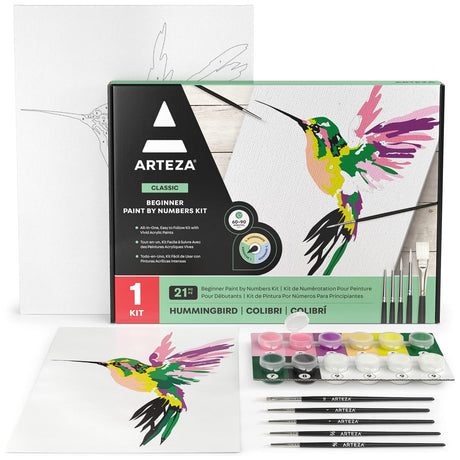 ARTEZA Paint by Numbers for Adults, 12x16 Inches, 21-Piece Hummingbird Painting Kit, Includes Canvas Panel, 12 Acrylic Paint Pots & 5 Paintbrushes for Home & Office Decor ARTEZA