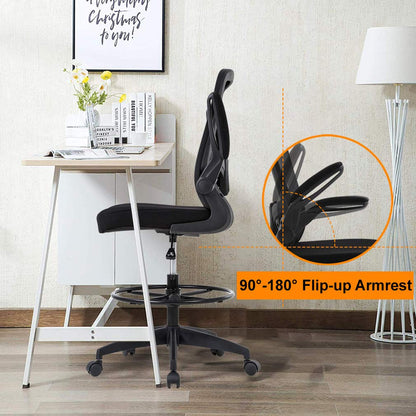 Drafting Chair Tall Office Chair Adjustable Height with Lumbar Support Flip Up Arms Footrest Mid Back Task Mesh Desk Chair Computer Chair Drafting Stool for Standing Desk, Black