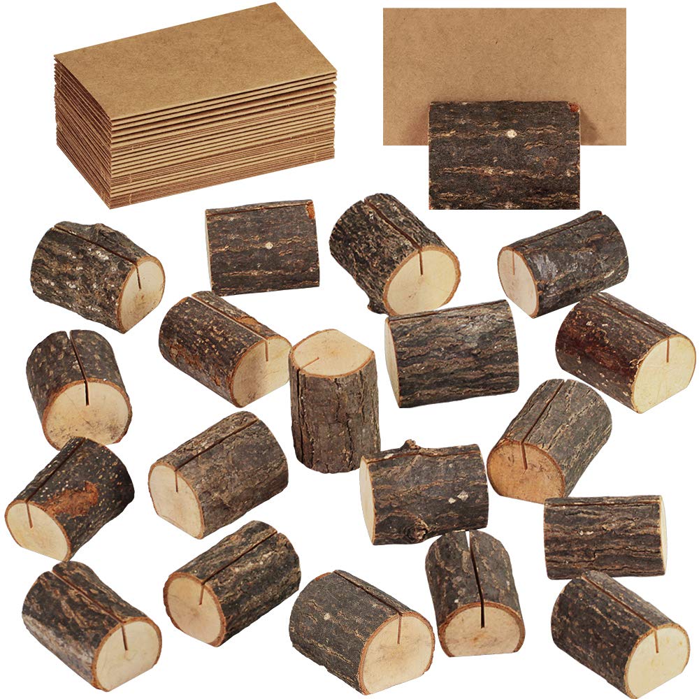 Supla 20 Pcs Rustic Wood Place Card Holders Wooden Table Numbers Holder Stand Wooden Bark Memo Holder Card Photo Picture Note Clip Holders and Kraft Place Cards Bulk Wedding Party Table Numbe - WoodArtSupply