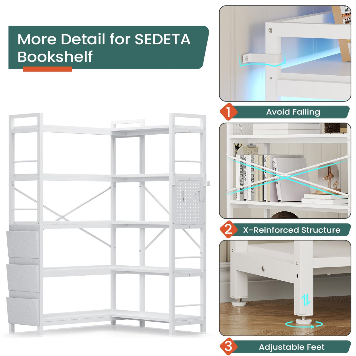 SEDETA 5 Tier Corner Bookshelf, Modern Corner Bookcase, Convertible Bookshelf with Storage Bag, Pegboard & LED Light, Tall Bookshelves for Bedroom, Living Room and Home Office, White SEDETA
