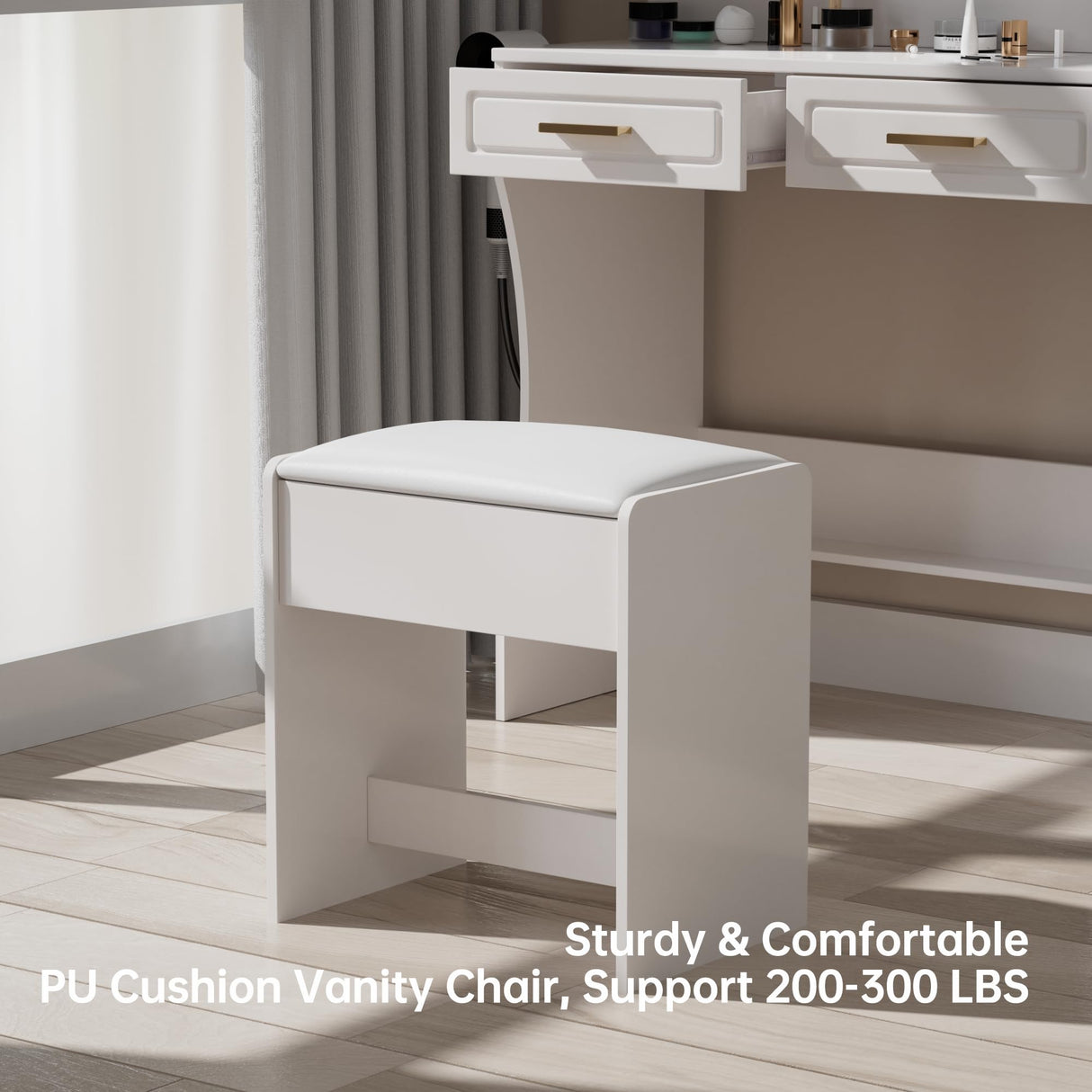 Homesflex Modern White Makeup Vanity Desk with Adjustable Lights, Mirror, and Storage - Complete Vanity Set with Drawers, Shelves, and Stool Homesflex