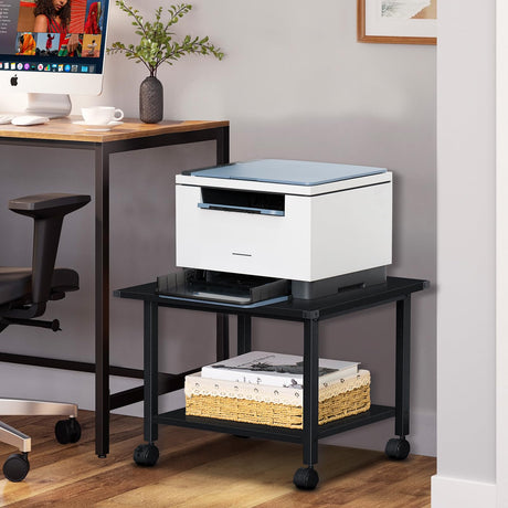Lerliuo Under Desk Printer Stand, 2-Tier Industrial Mobile Printer Table with Storage Shelf and Steel Frame, Rolling Printer Cart Holder with Lockable Wheels for Home, Office (Black) Lerliuo