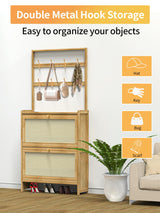 Maiproo Bamboo Shoe Cabinet Rattan with Hanging Rack Hidden Shoe Storage Cabinet Narrow Wood Freestanding Organizer with 2 Flip Drawers Adjustable Panel for Entryway Hallway Light Brown Maiproo