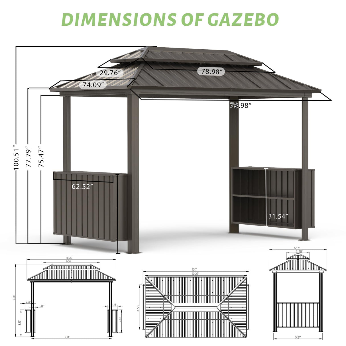 Domi 6x10FT Hardtop Grill Gazebo, Outdoor Metal BBQ Gazebo with Galvanized Steel Double Roof, 2 Double-Layer Storage Cabinets and Ceiling Hooks, Permanent Grill Canopy for Patio Backyard Garden,Brown domi outdoor living