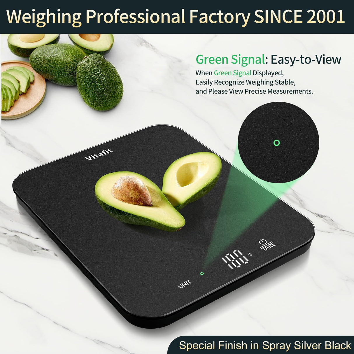 Vitafit 33lb/15kg Digital Food Scale in High Precision 0.1oz/1g, Our Own Kitchen Scale Professional Factory Since 2001, Kitchen Essentials for Cooking & Baking, LED, 3*AAA Battery, Spray Silver Black Vitafit
