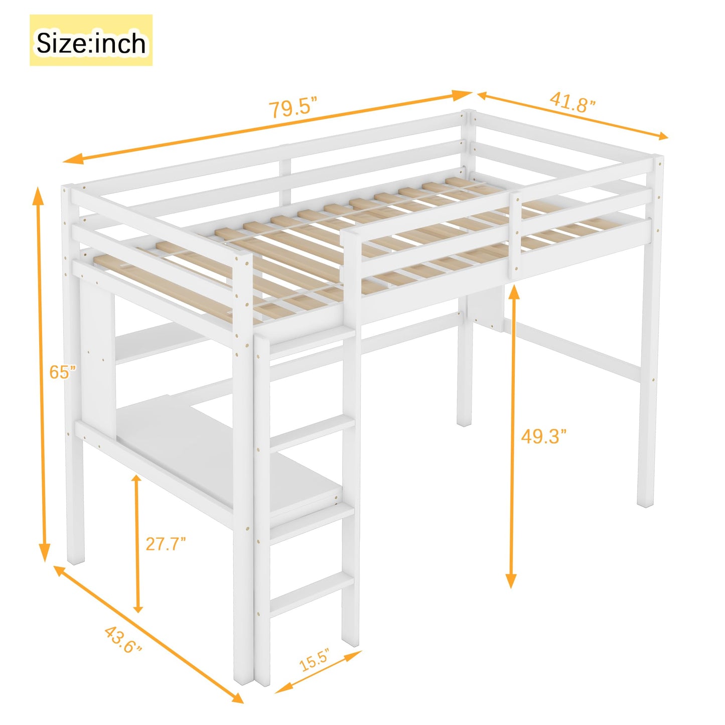 PVWIIK Twin Size Loft Bed with Shelves and Desk,Solid Wood Loft Bed Frame w/Safety Guardrail and Ladder,Space Saving Design, No Box Spring Needed, White