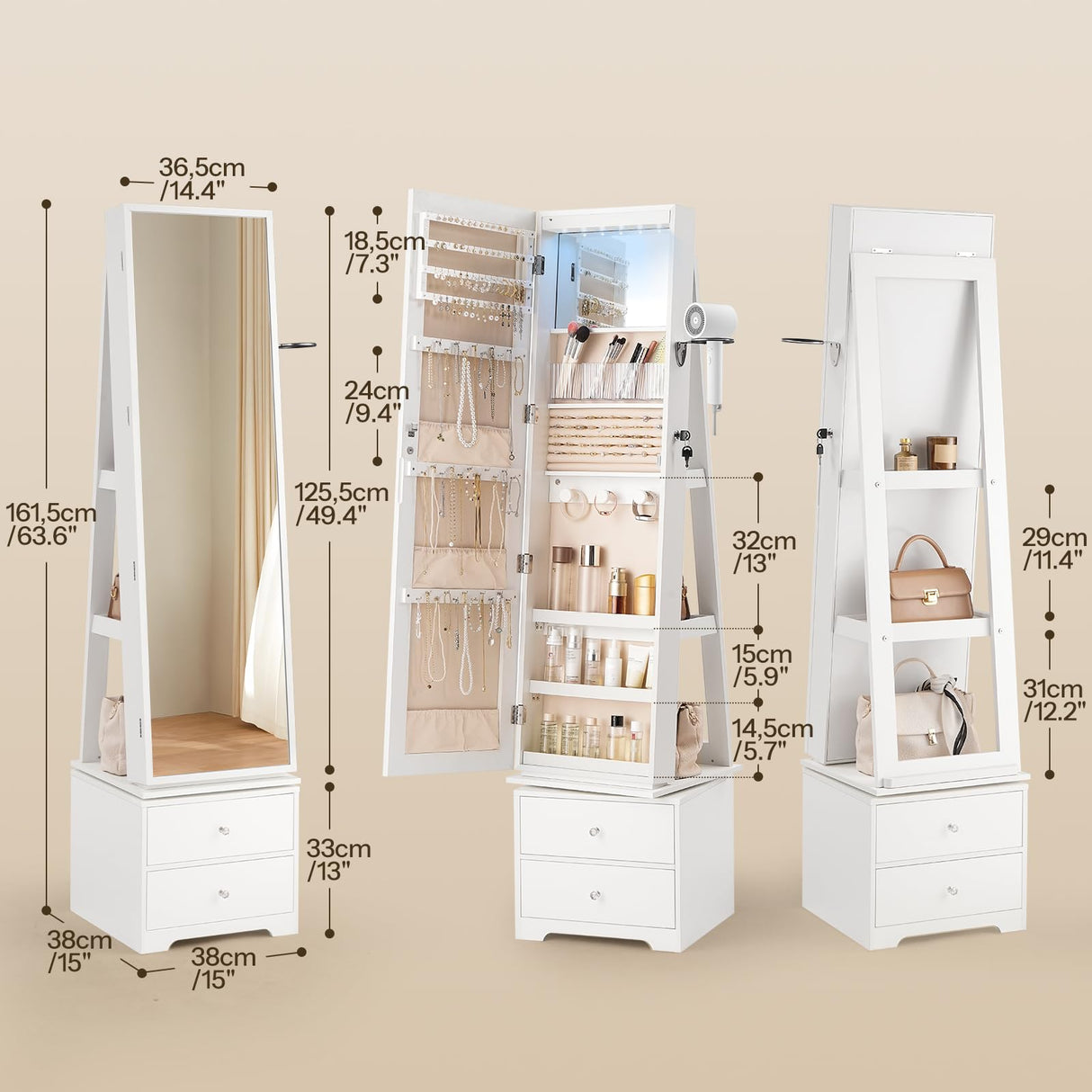 HOOBRO 360° Swivel Jewelry Cabinet with LED Lights, Standing Jewelry Armoire with 2 Drawers, Full-Length Mirrored Jewelry Organizer, Lockable Jewelry Cabinet, Makeup Brush Boxes, White WT05JC04 HOOBRO