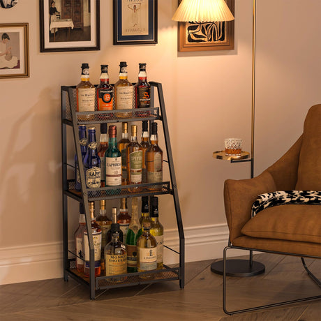 3-Tier Trapezoid Liquor Stand for Home Bar, Stepped Wine Racks Freestanding Floor for Liquor Whiskey Wine,Versatile Corner Wine Bottle Display Stand with Fences, Vintage Brown（Patent Pending） Hayexiha