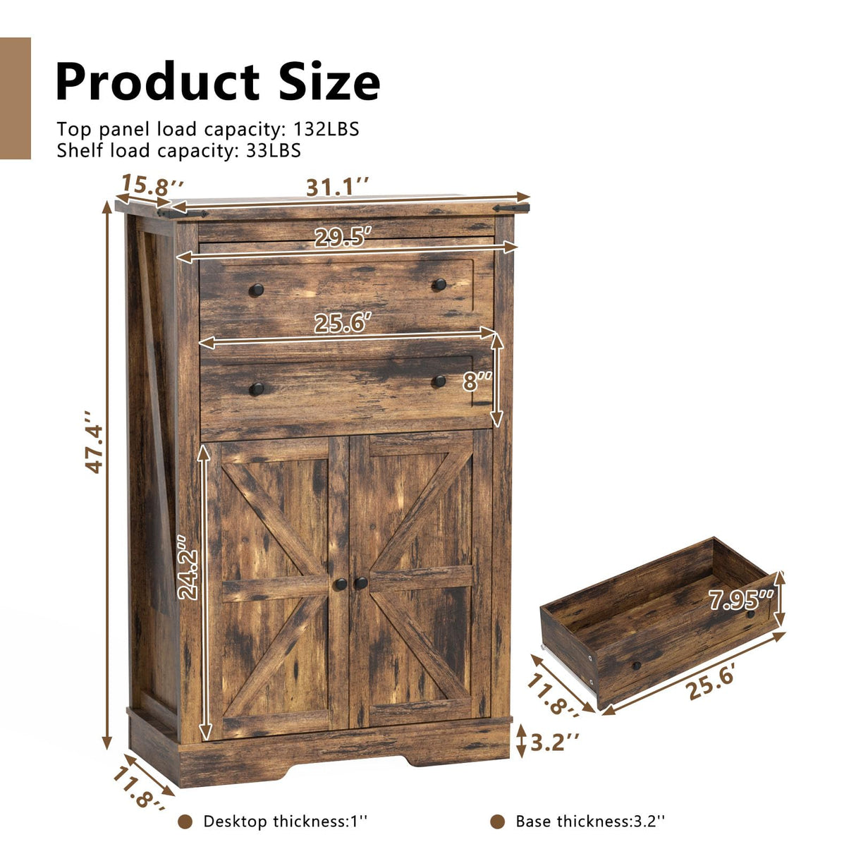 oneinmil Farmhouse Dresser with 2 Drawers, Tall Chest of Drawers Organizer, Rustic Tall Dresser 2 Chest of Drawers, Storage Organizer Dresser for Bedroom, Hallway, Living Room, Kids Room, Brown oneinmil