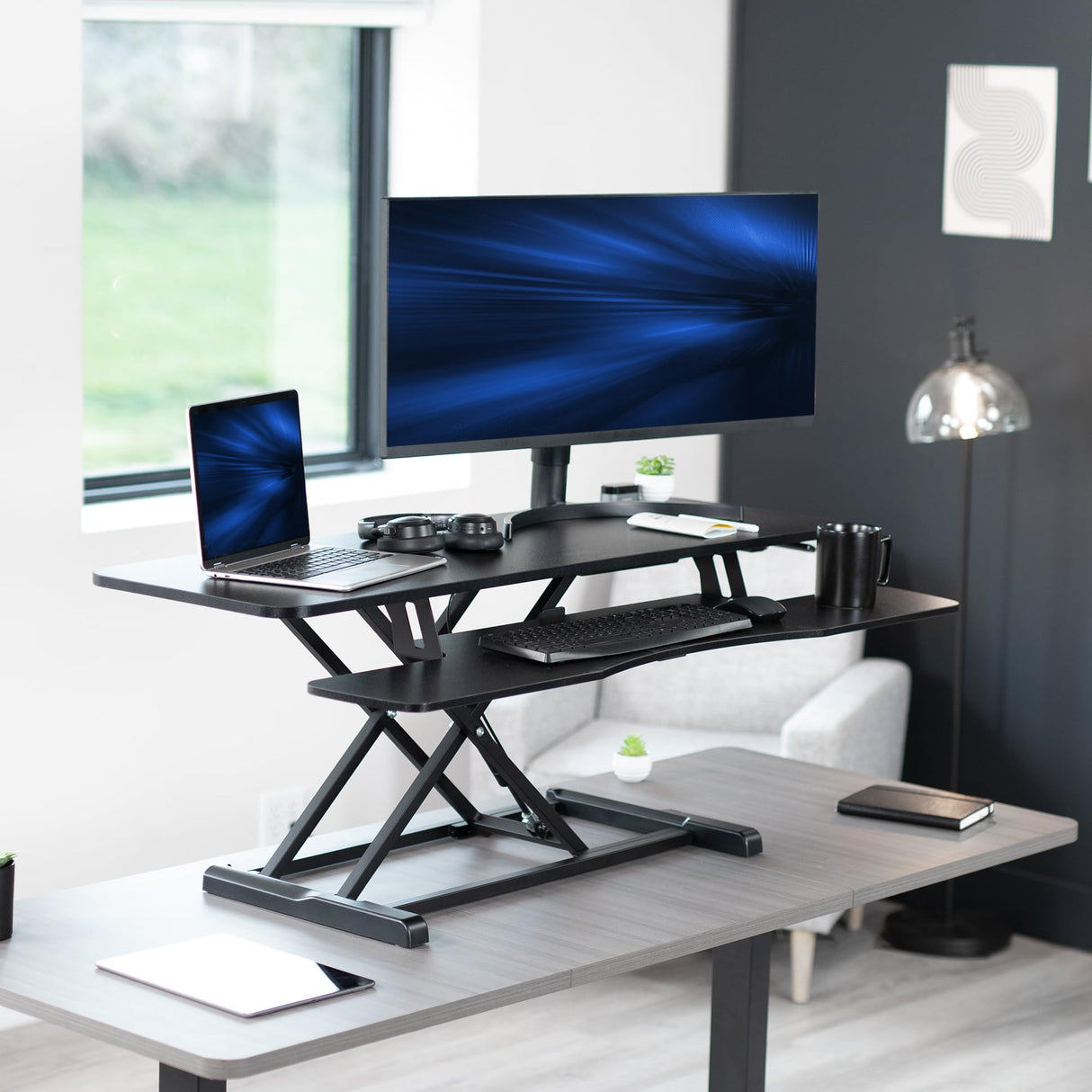 VIVO 48 inch Desk Converter, K Series, Height Adjustable Sit to Stand Riser, Dual Monitor and Laptop Workstation with Wide Keyboard Tray, Black, DESK-V048KB VIVO