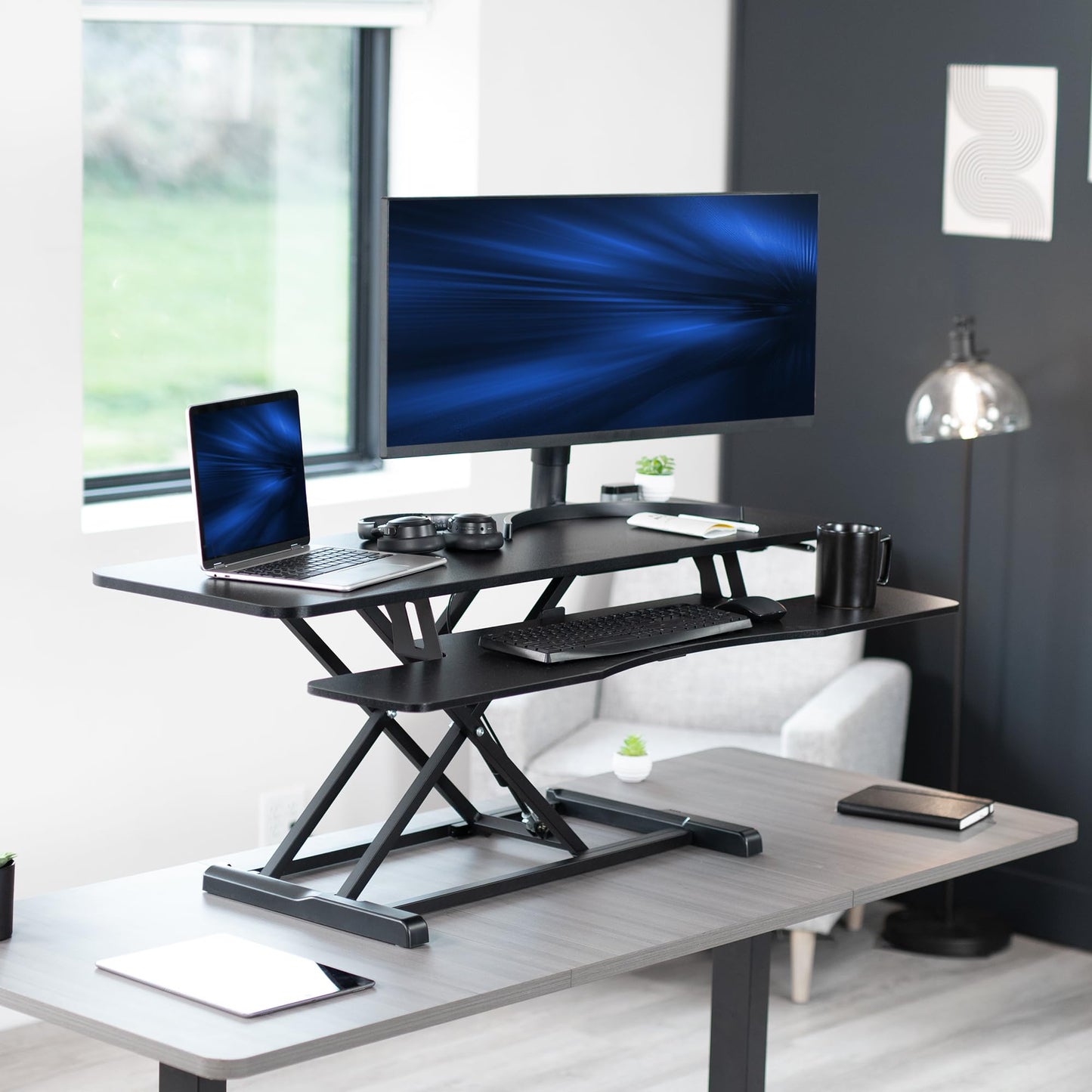 VIVO 48 inch Desk Converter, K Series, Height Adjustable Sit to Stand Riser, Dual Monitor and Laptop Workstation with Wide Keyboard Tray, Black, DESK-V048KB