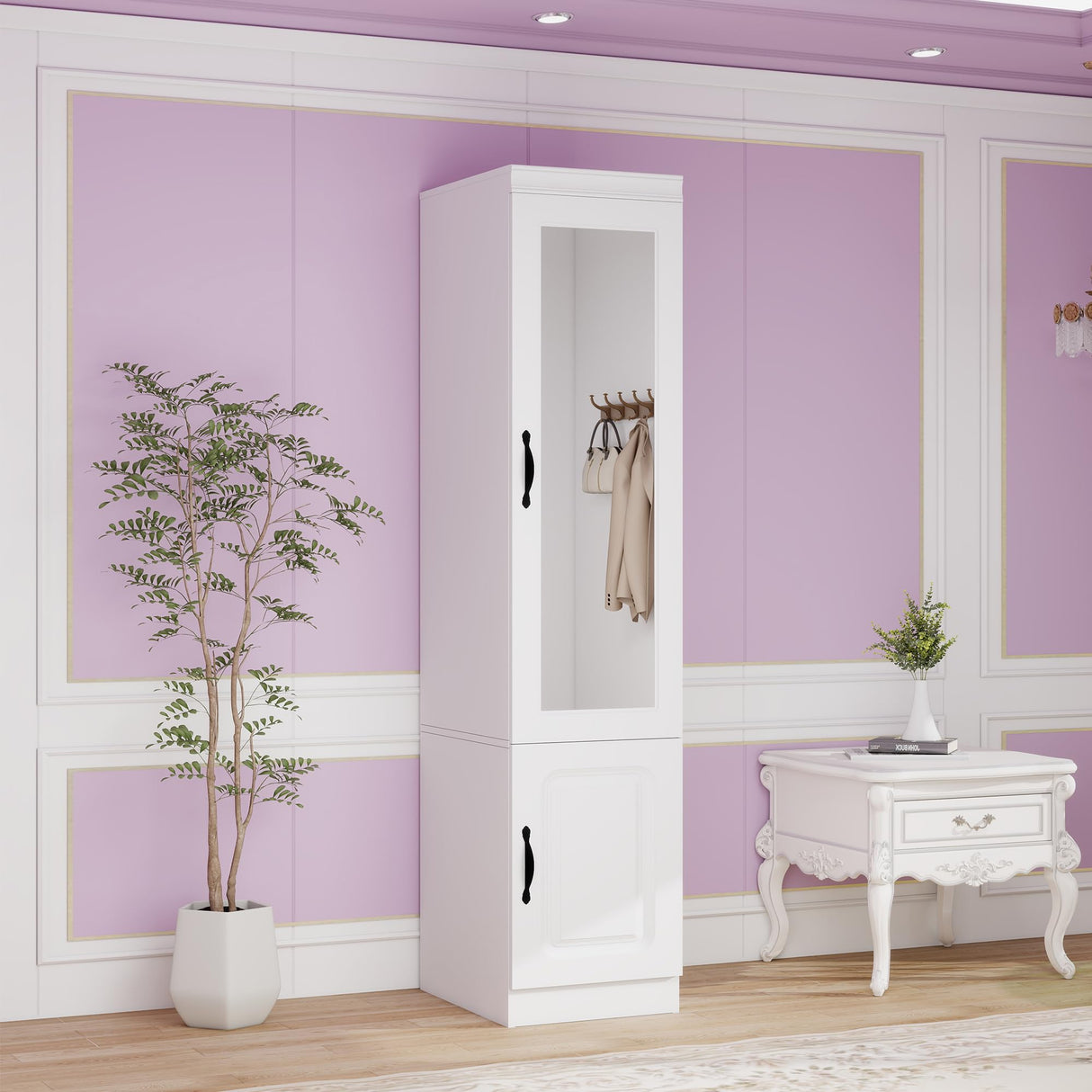 ClassyCabin Single Door Armoire Wardrobe Closet: Wardrobe Closet with Mirror Simple Storage Wardrobe Cabinet with Hanging Rod Modern Closet Organizers and Storage for Bedroom Office White ClassyCabin