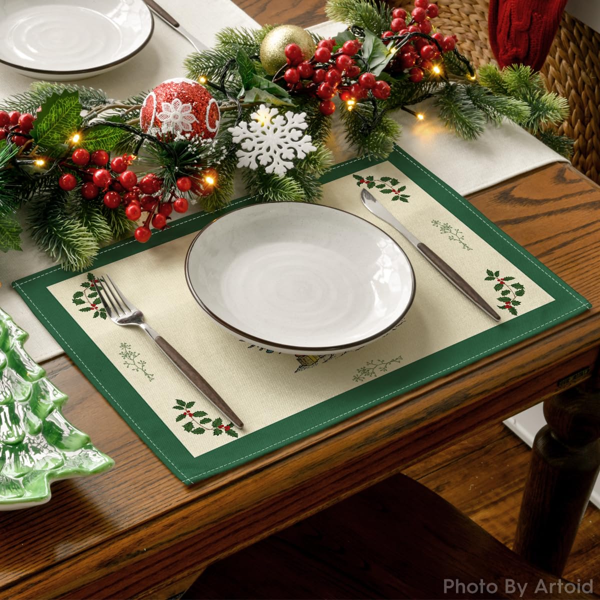 Artoid Mode Xmas Pine Winter Placemats Set of 4, 12x18 Inch Christmas Table Mats for Table Runner Party Kitchen Dining Decoration Artoid Mode
