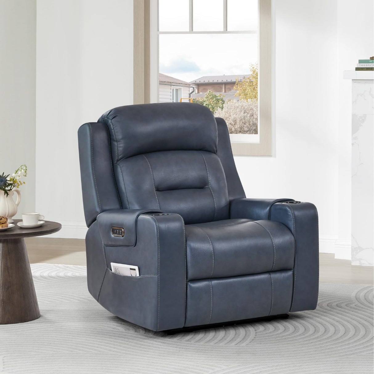 Watson & Whitely Genuine Leather Power Recliner Chairs for Adults, Lay Flat Recliner with Power Headrest, USB Ports and Cup Holders, Electric Reclining Sofa for Living Room, Bedroom, Navy Watson & Whitely