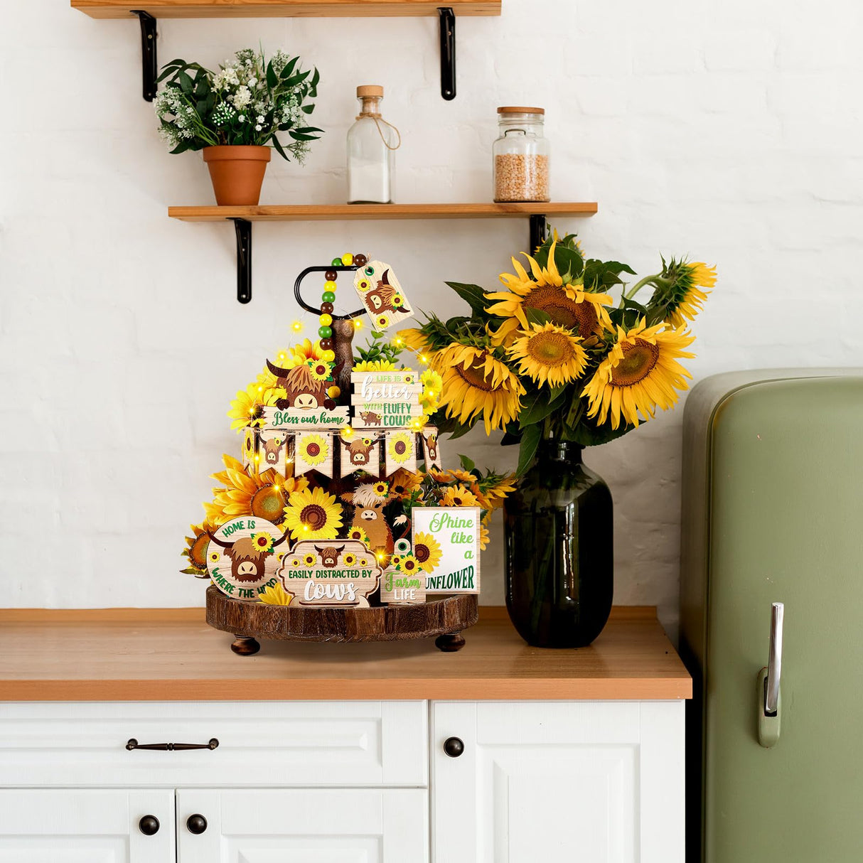 GlikCeil 20 Pcs Highland Cow Tiered Tray Decor Farmhouse Sunflower Decor Farmhouse Cow Tiered Tray Decoration Set Sunflower Wooden Sign Table Centerpiece for Summer Home Kitchen Shelf Party Decoration GlikCeil