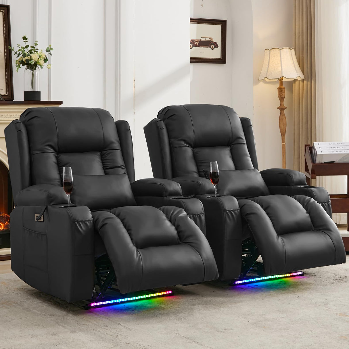 IPKIG Power Recliner Chair with Led Light - Faux Leather Overstuffed Home Theater Recliner w/Massage Heat/Lumbar Pillow/USB Port/Cup Holders/Side Pockets, Movie Gaming Reclining Chair (2 Sets, Black) IPKIG