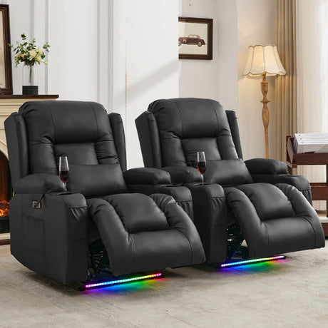 IPKIG Power Recliner Chair with Led Light - Faux Leather Overstuffed Home Theater Recliner w/Massage Heat/Lumbar Pillow/USB Port/Cup Holders/Side Pockets, Movie Gaming Reclining Chair (2 Sets, Black) IPKIG